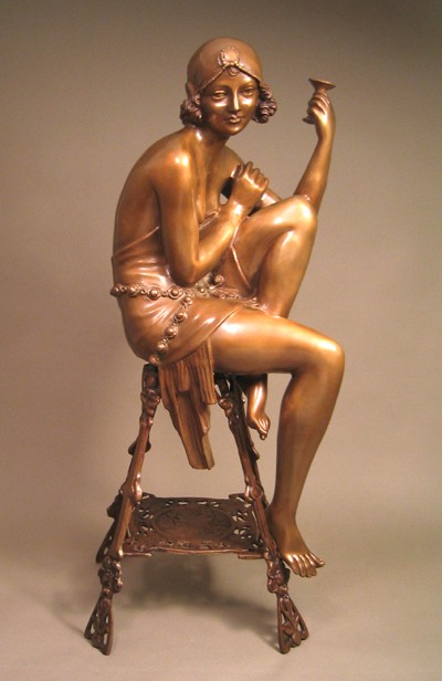 SENSUAL ART DECO LADY WITH CHAMPAGNE BRONZE SIGNED SCULPTURE