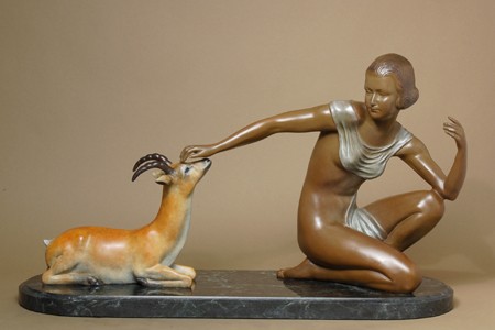 GORGEOUS GIRL AND IMPALA ART DECO BRONZE SIGNED SCULPTURE