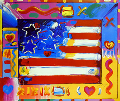 RARE! PETER MAX FLAG WITH HEART II HAND SIGNED wCOA NR