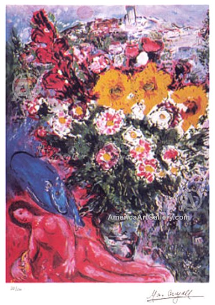 MARC CHAGALL ROSE NUDE WITH FLOWERS SIGNED LITHO w/COA